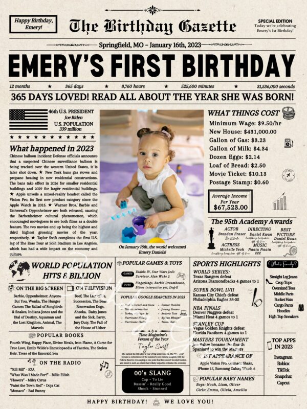 1st Birthday Newspaper