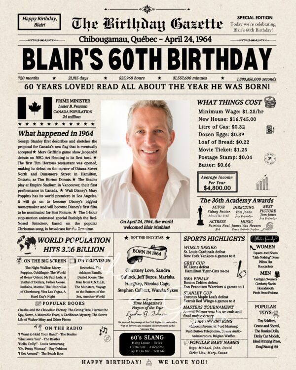 60th Birthday Newspaper Canada