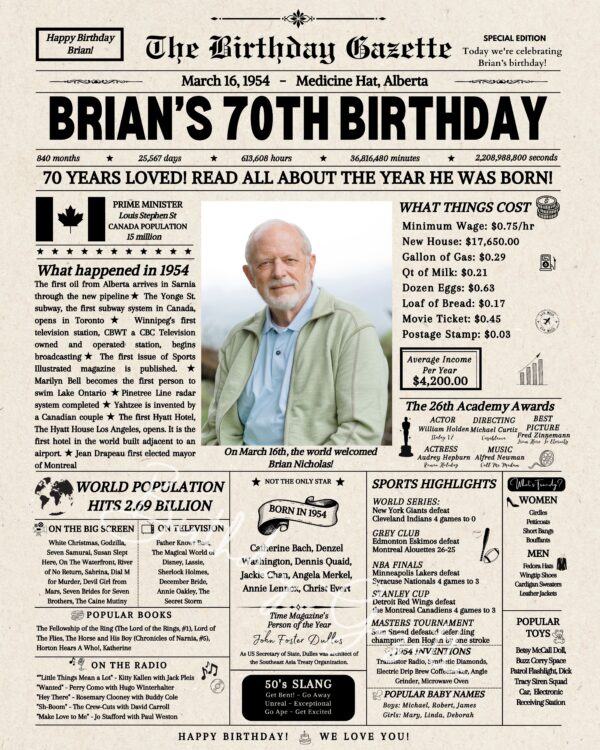 70th Birthday Newspaper Canada