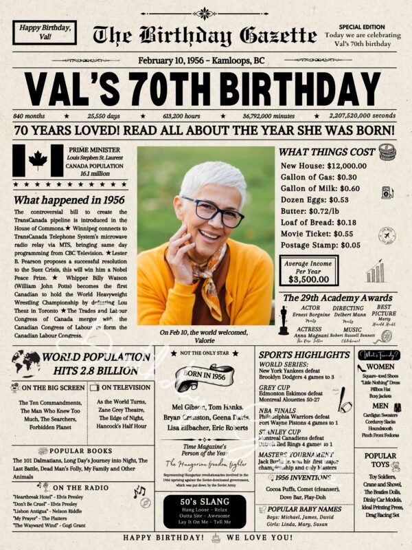 70th Birthday Newspaper Canada
