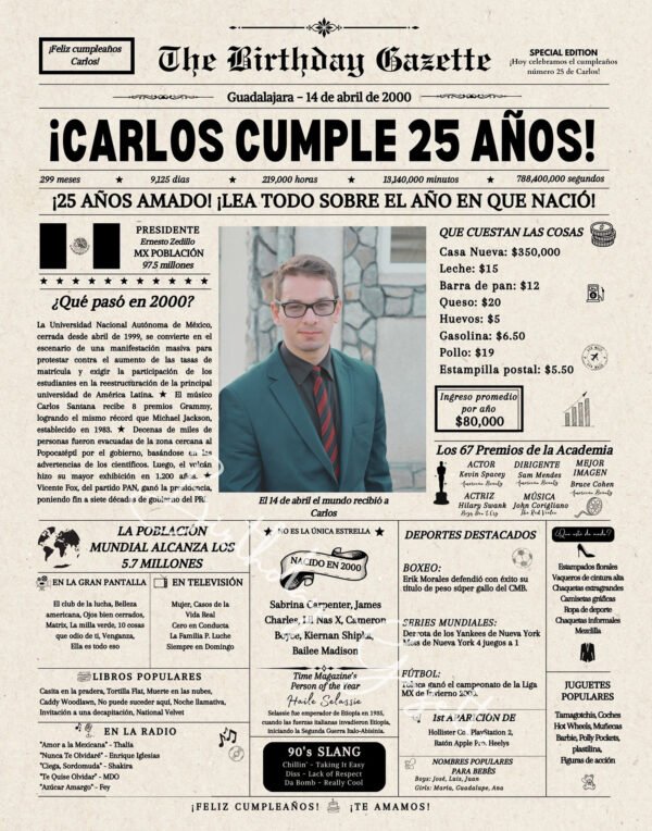 25th Birthday Newspaper Customized Mexico