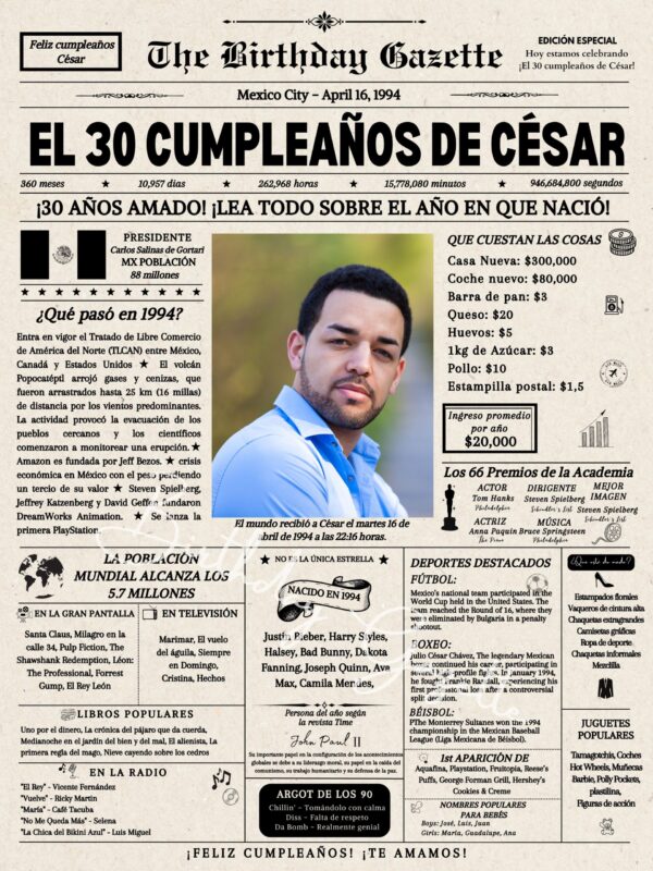 30th Birthday Newspaper Mexico