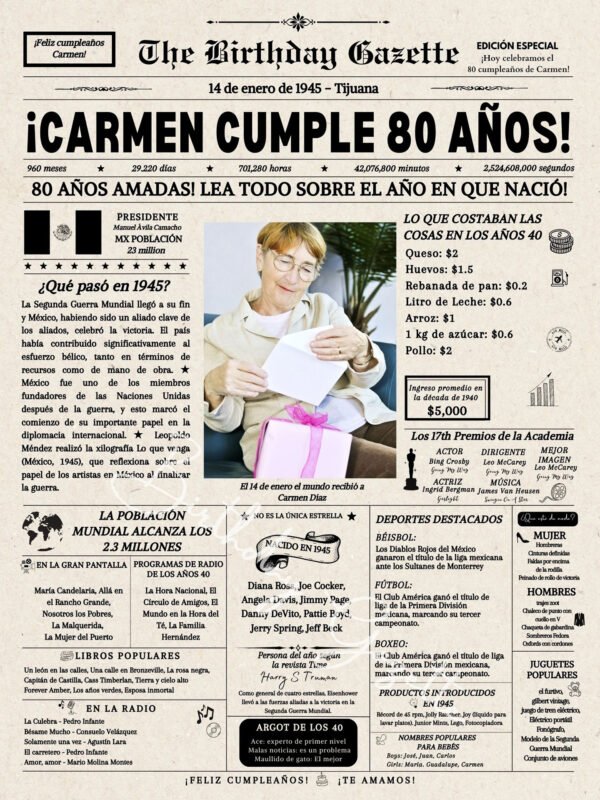 80th Birthday Newspaper Mexico