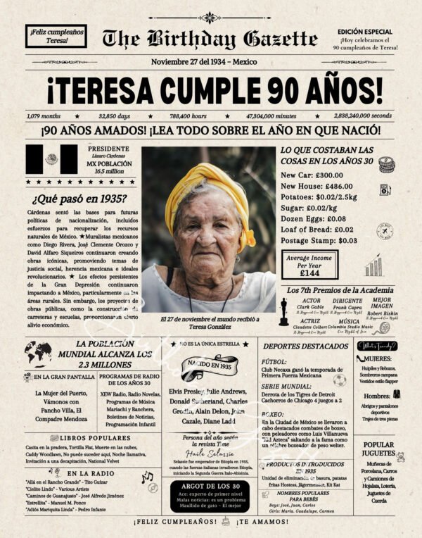 90th Birthday Newspaper Customized Mexico