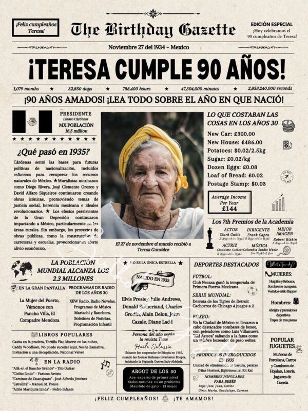 90th Birthday Newspaper Customized Mexico