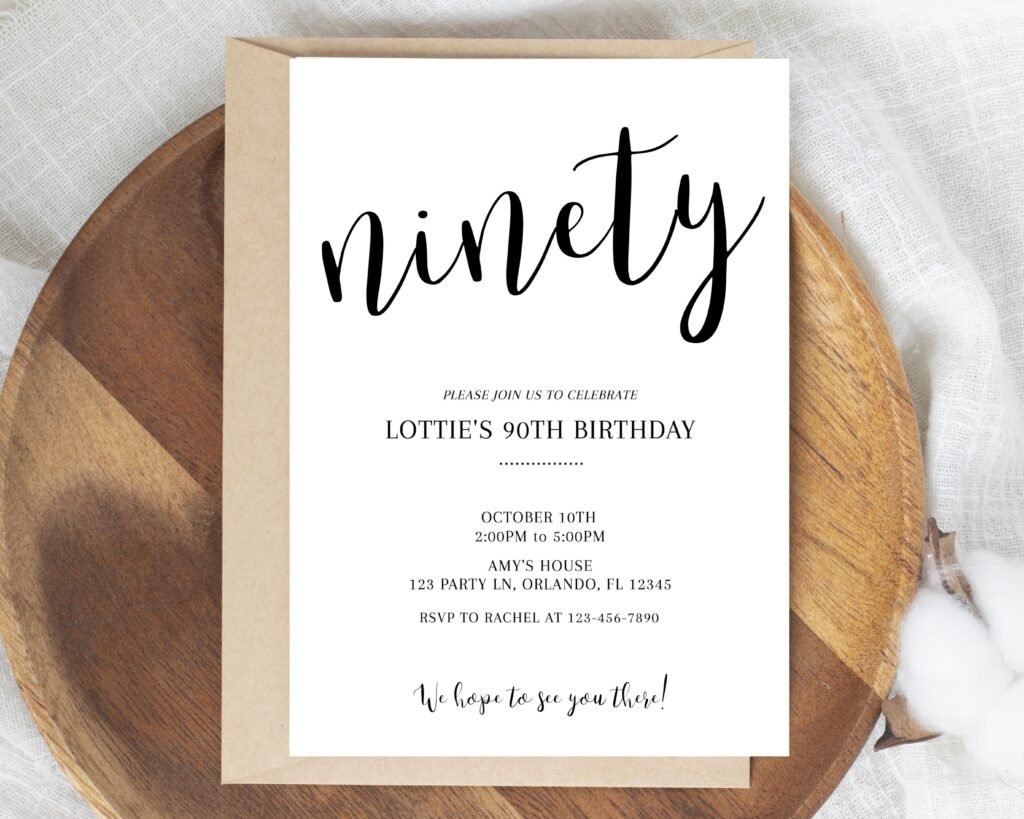 Simple 90th Birthday Invitation - Editable and Printable Invitation ...