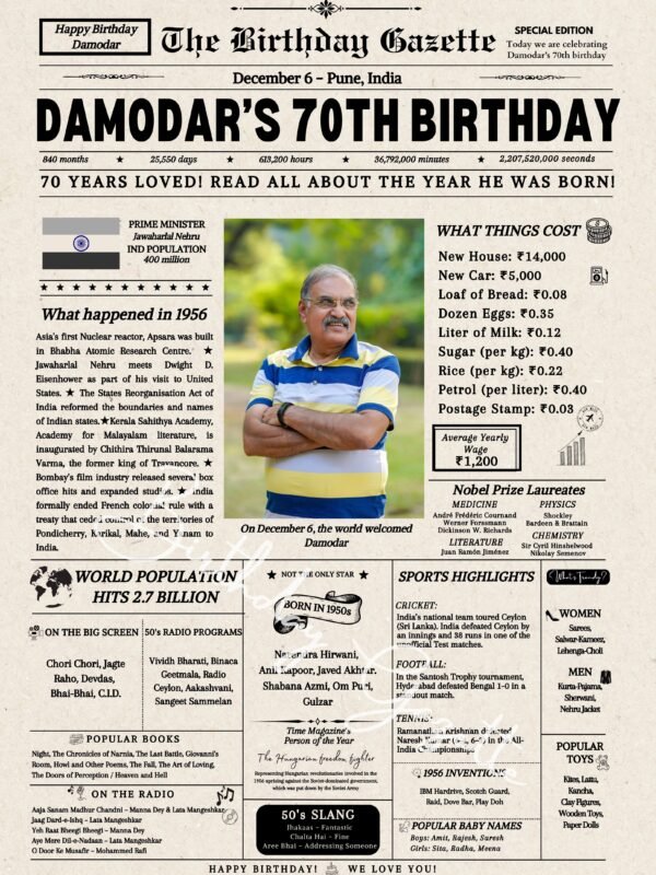 70th Birthday Newspaper India