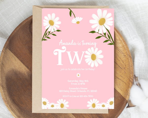 Pink Daisy Second Birthday Invitation