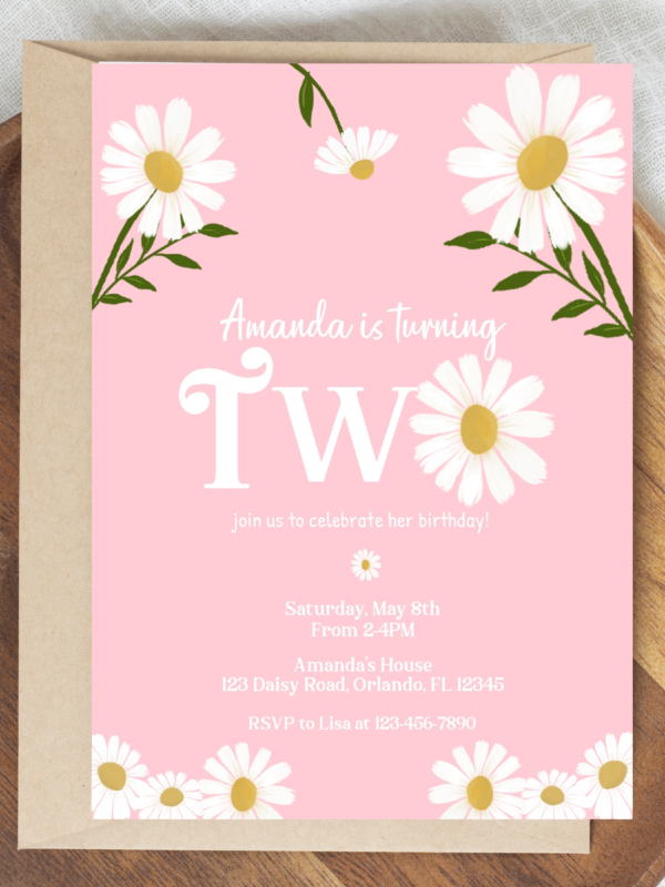 Pink Daisy Second Birthday Invitation