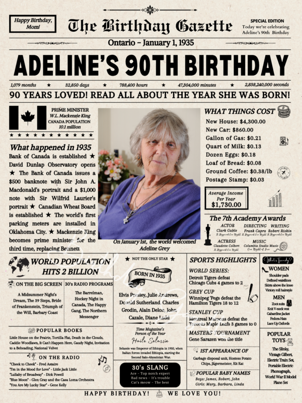 90th Birthday Newspaper Canada