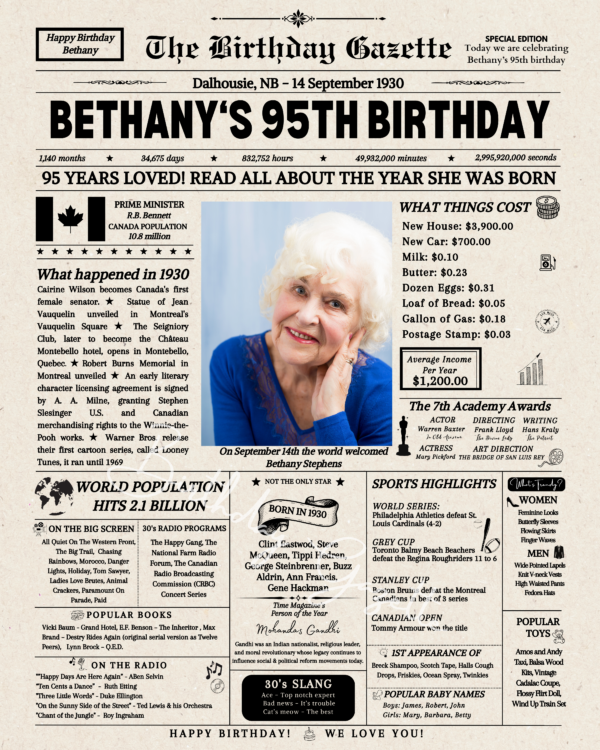 95th Birthday Newspaper Canada
