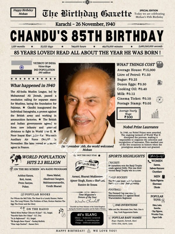 85th Birthday Newspaper India