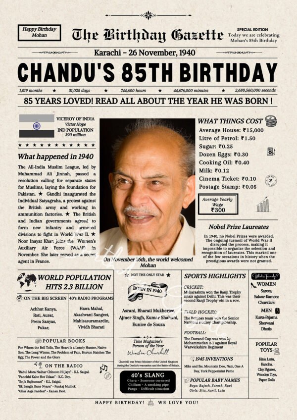 85th Birthday Newspaper India