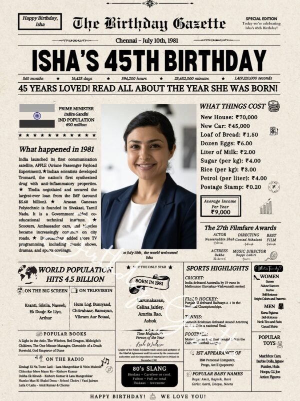 45th Birthday Newspaper India