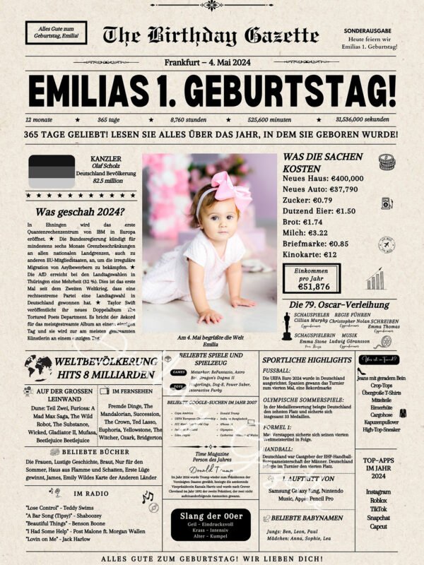 1st Birthday Newspaper Germany Customized