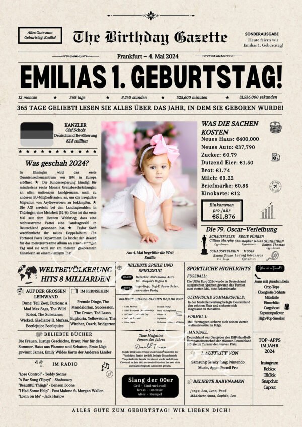 1st Birthday Newspaper Germany Customized
