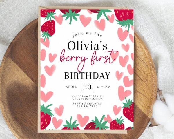 strawberry first birthday invitation