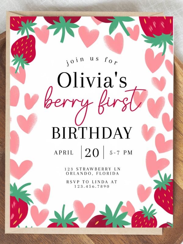 strawberry first birthday invitation