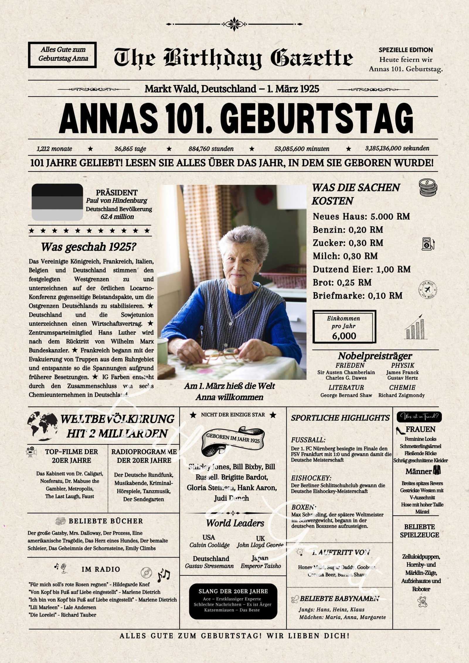 101st Birthday Newspaper Germany Customized 101st Birthday Newspaper Germany Customized