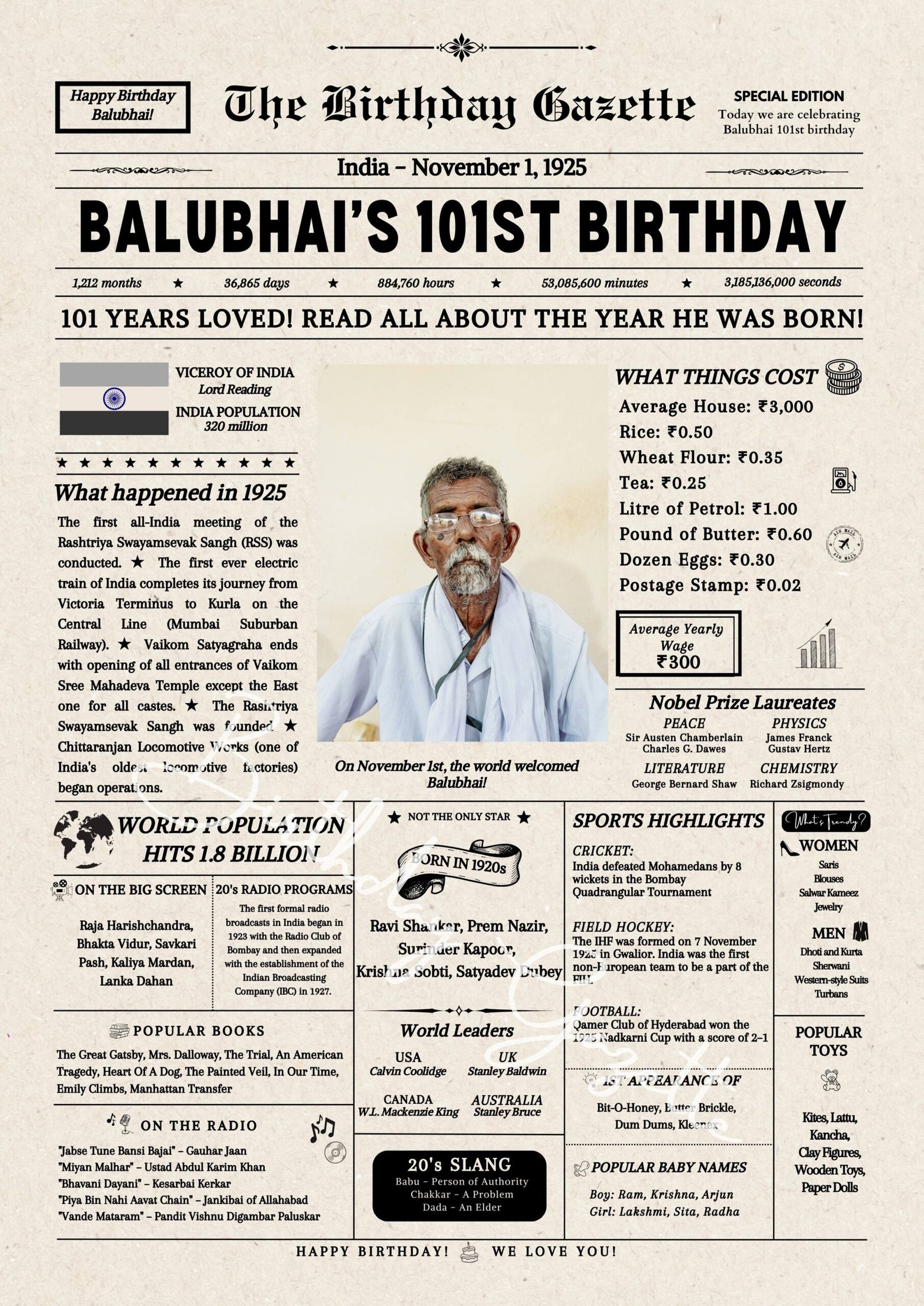 101st Birthday Newspaper India Customized 101st Birthday Newspaper India Customized