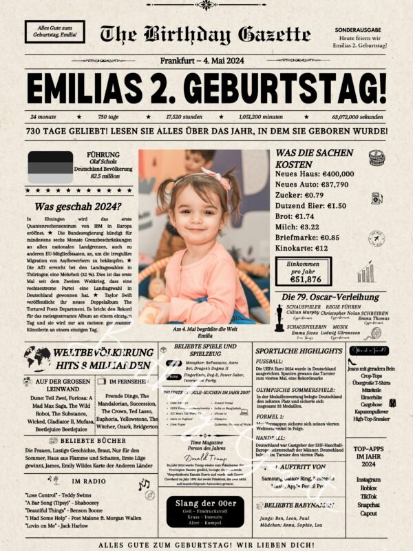 2nd Birthday Newspaper Germany Customized