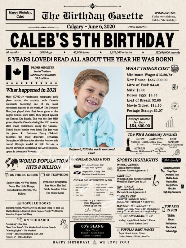 5th Birthday Newspaper Customized Canada