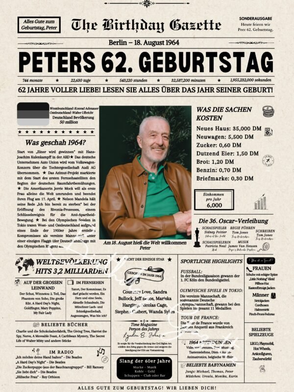 62nd Birthday Newspaper Germany Customized
