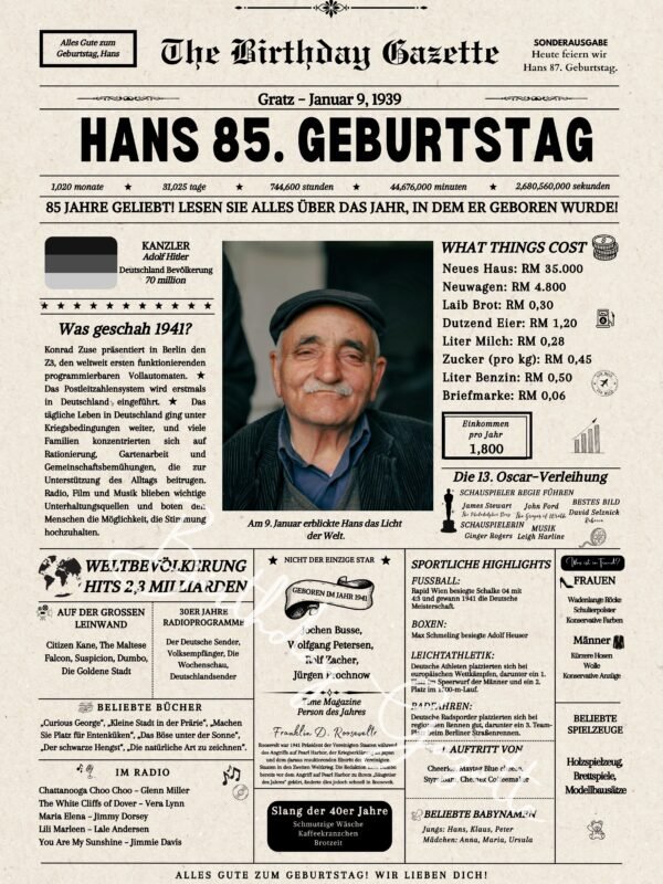 85th Birthday Newspaper Germany Customized
