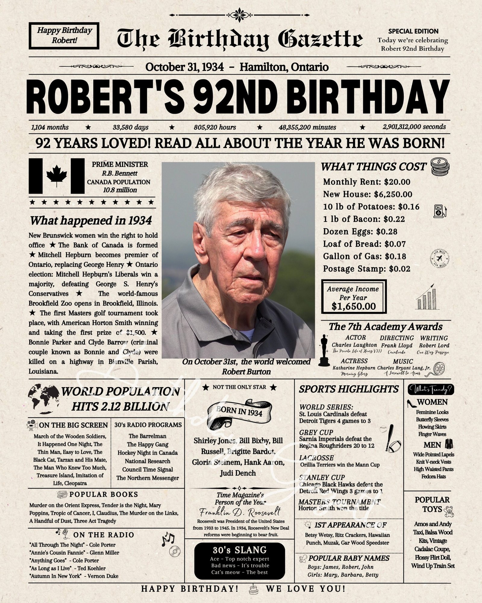 92nd Birthday Newspaper Customized Canada 92nd Birthday Newspaper Customized Canada