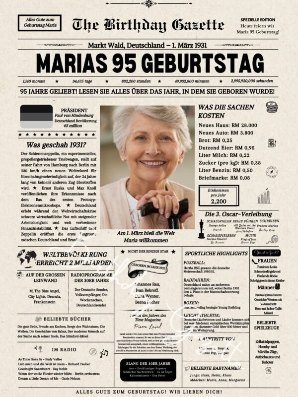 95th Birthday Newspaper Germany Customized