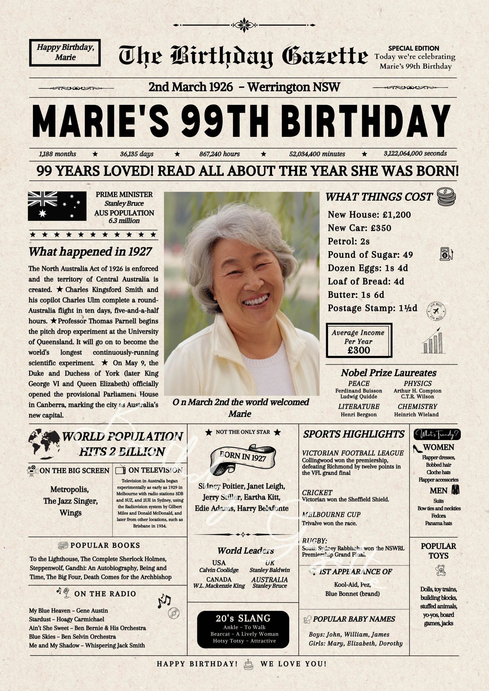 99th Birthday Newspaper Australia 99th Birthday Newspaper Australia